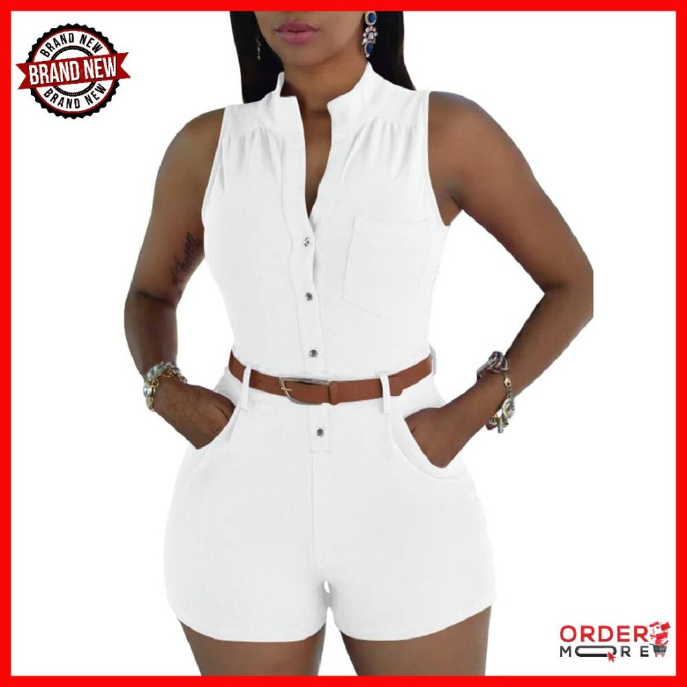 Sexy V-Neck Romper With Belt & Pockets - Sleeveless Jumpsuit For Summer